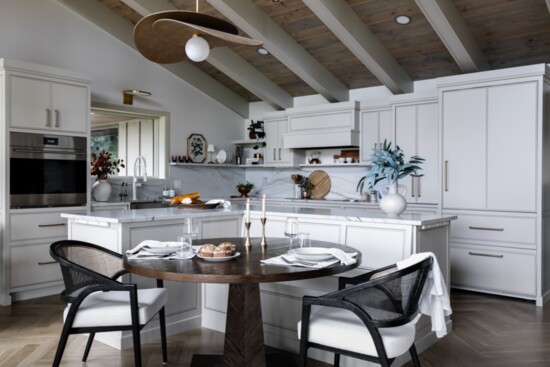 Vaulted ceiling beams give this custom kitchen a rustic feel