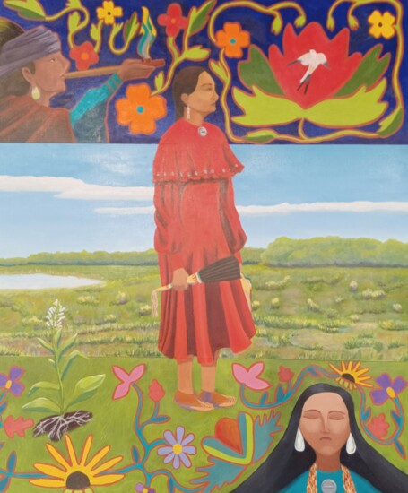Amber Duboise-Shepherd, Navajo/Sac & Fox/Prairie Band Potawatomi - Earth, Sky and the Medicine Keeper (oil on panel board)