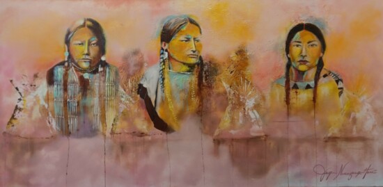 Joyce Nevaquaya-Harris, Comanche/Choctaw/Chickasaw/Crow - Strength and Foundation of Native Women (acrylic on canvas)