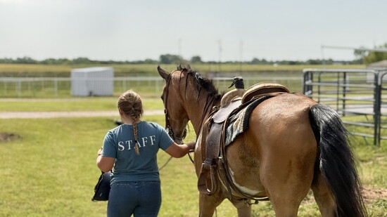 Sage Payne, Nexus Equine trainer, takes a horse for a ride.