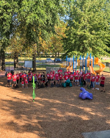 Cross Point Church volunteers spread mulch at Kids' Kingdom in Sept. 2019.