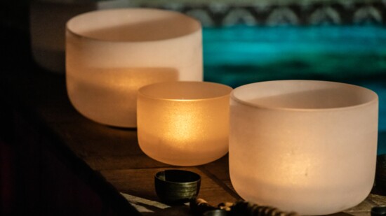 Crushed crystal quartz singing bowls are used in the floating sound bath at Sheros Retreat.