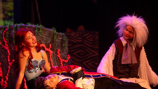 Ariel and Scuttle find Prince Eric washed ashore in Disney's The Little Mermaid JR, January 2025