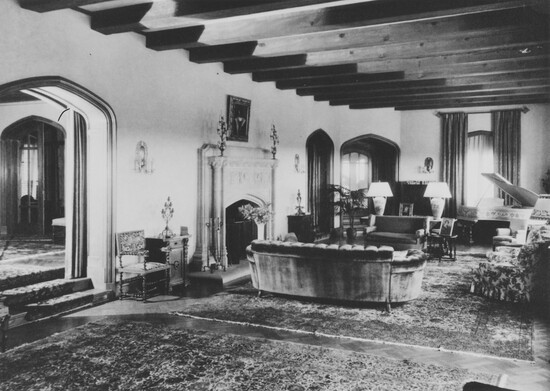 Living Room, post Kistler renovation, mid 1930's, adding large arched doorways and carved travertine mantle