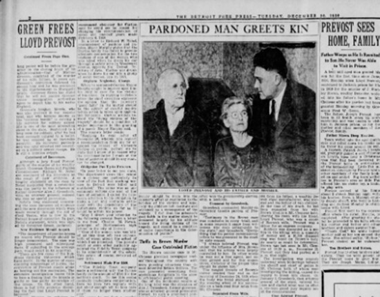 Detroit Free Press article featuring a photo of the pardoned Lloyd Paul Prevost reuniting with his family after serving 10 years for a crime he did not commit.