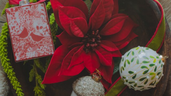 A classic Christmas vignette curated by Stephanie Strack of Strack Interiors with goods from 72 West.