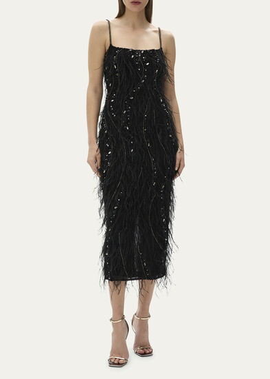 Rachel Gilbert Cynthia Sequined Midi Feathered Dress 