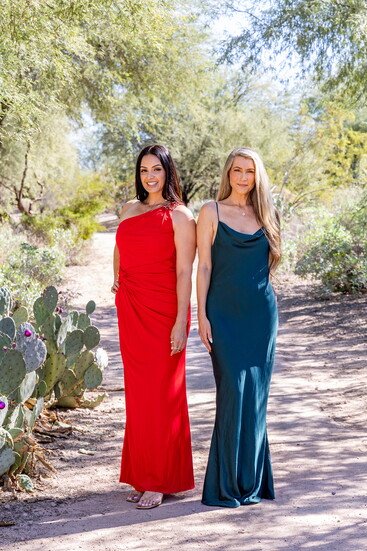 David Meister red holiday dress and Shona Joy cactus emerald slip dress.
