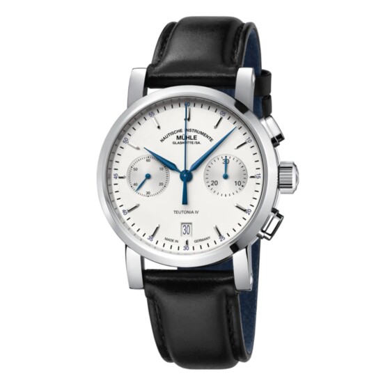 Teutonia IV Chronograph Watch - Mühle-Glashütte’s Teutonia IV has a moon phase display and medium chronograph with a 39-millimeter stainless steel case.