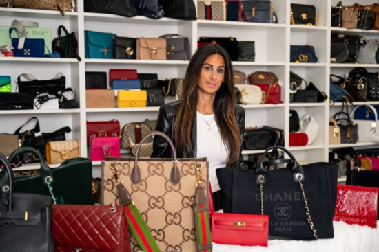 Wall of luxury highlighting Gucci Tote, Hermes Kelly To Go, Chanel Deauville Tote and more 