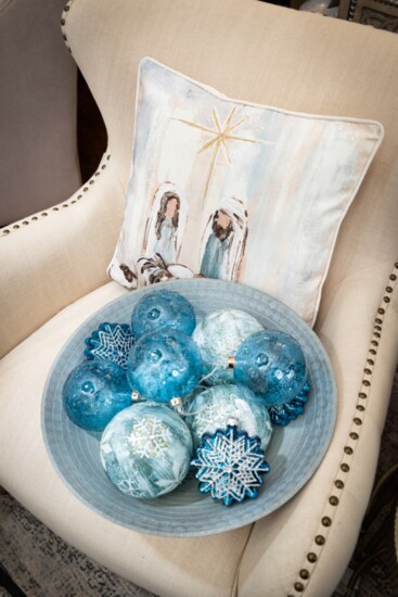 A bowl of blue bulbs adds simple elegance to a living space. 