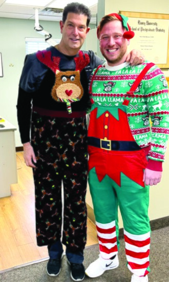 BOTTOM: Dr. Robert Spennato and Dr. Jarred Gettes wear fun holiday spirited clothing for their patients to enjoy