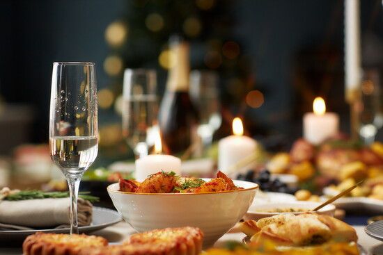 Glass of sparkling wine with a holiday meal.