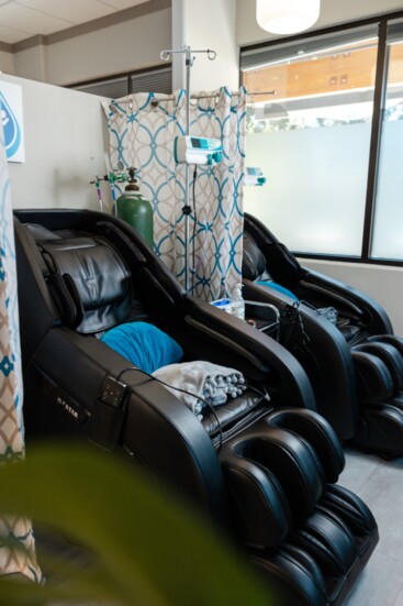 A spa-like setting with comfortable massage chairs makes alternative therapies with Prime IV Hydrations & Wellness a relaxing experience. 