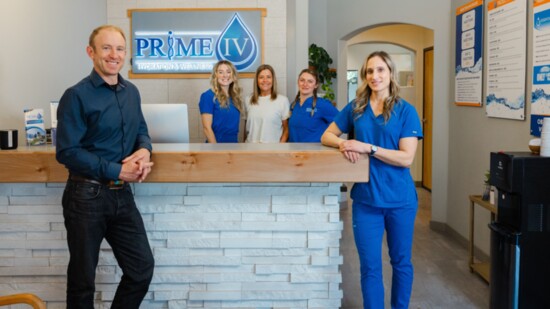 (l to r): Dr. Christopher Neary ND, MSOM; Megan Stevens, Front Desk, EMT, IV; Kim Griffin, Manager; Savannah Wilson, Paramedic; Debbie Sanderl, Lead RN.