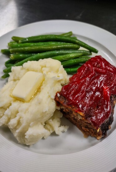Meatloaf, Mashed Potatoes, and Green Beans.