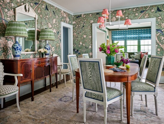 The dining room mirror, sideboard and table were salvaged from the fire. Blue and white ginger jars were converted into lamps at Dilworth Antique Lighting. 