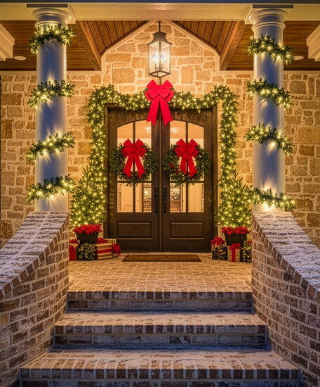 A welcoming Story Built Home glows with garland, ribbons, and twinkling lights, ready to greet guests and celebrate the beauty of the holiday season.