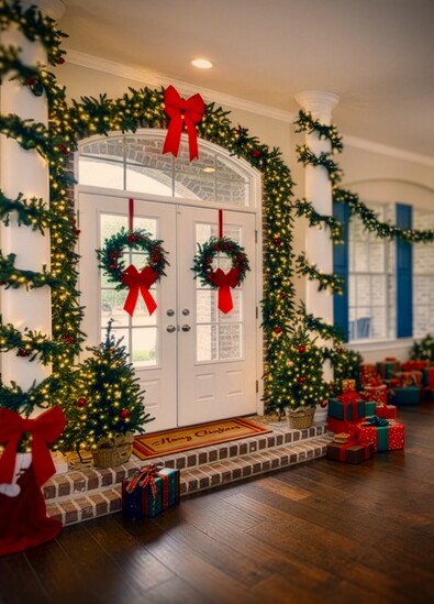 A grand holiday welcome framed in garland, wreaths, and ribbon. This Story Built entryway shines with festive warmth and timeless Conroe charm.