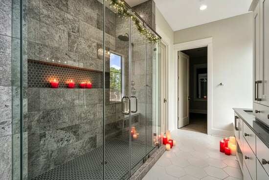 Soft candlelight and subtle garland transform this sleek shower retreat into a serene holiday escape.