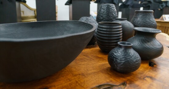 The effects of black staining and shou sugi ban used by Larry Zarra on these turned wooden pieces