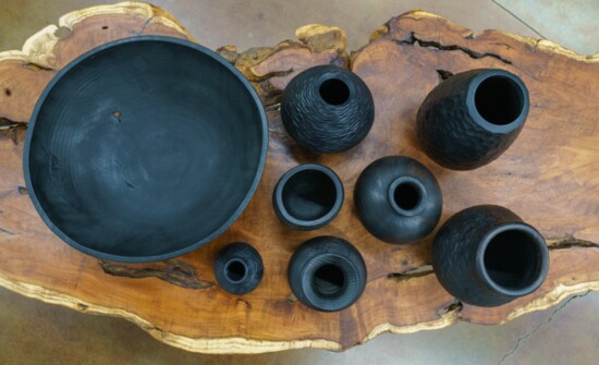 Shou sugi ban and black staining techniques used by Larry Zarra on his wooden vases, vessels and bowls