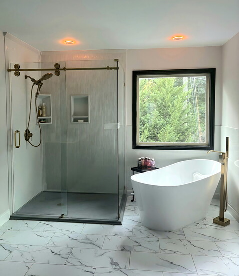 Upgraded shower and a tub you can stretch out in