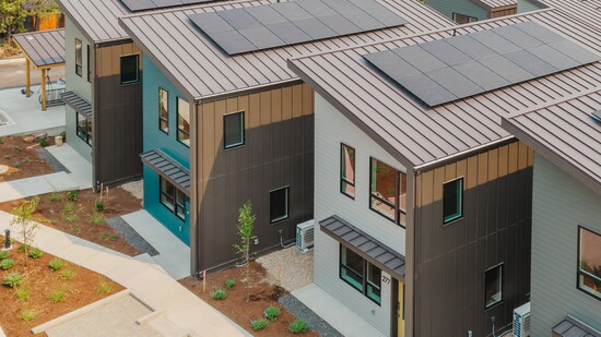 Aerial view of Rooted Homes at Simpson Ave. in Bend. Photo credit: Tyler Valzania Creative