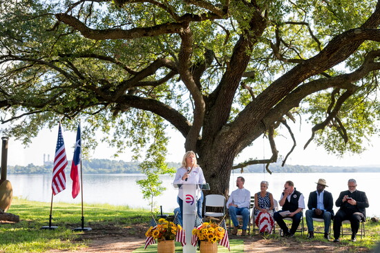 Gold Star Mother Margie Taylor addresses the crowd at Lewis Creek Reservoir dedication ceremony.