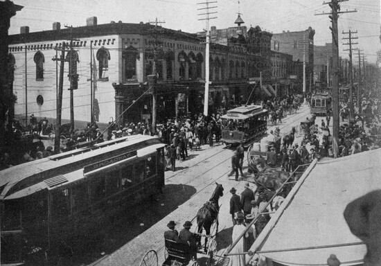 Hack cab and streetcar on busy Gay Street, ca. 1900 (KHP)