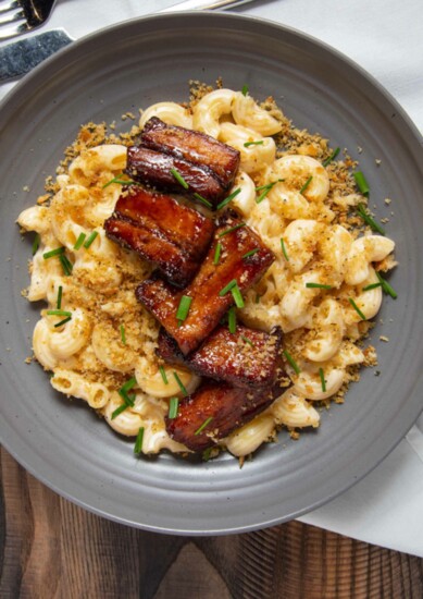 Mac & Cheese with Maple Glazed Pork Belly. Photo courtesy of Warehouse 72. 