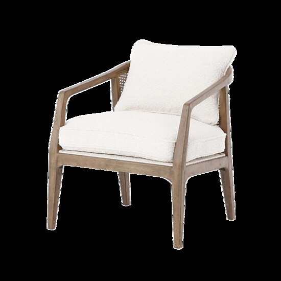 Alexandria Accent Chair - Mid-century modern inspiration with a French twist. Sleek, hand-shaped parawood framing is accented by a textural woven rattan back. 