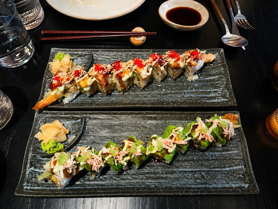 A pair of Zenzi Den signature rolls, part of the sushi program led by Executive Sushi Chef ChoongKi Kim. (Photo by Cat Rolfes)