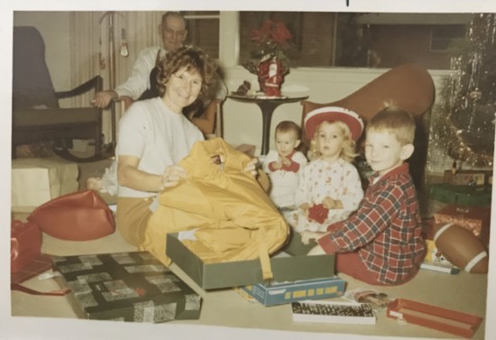 1970 Snyder Xmas (Jane Snyder with the hat on, age 3) and her Mom, brother, sister and grandfather
