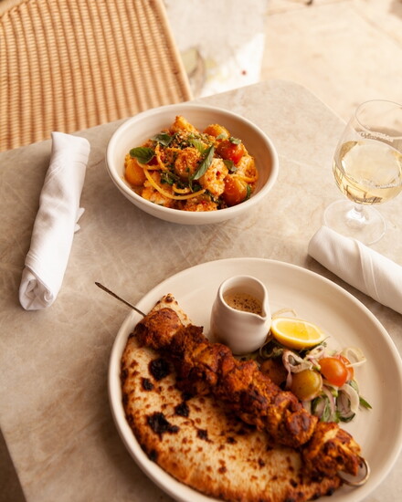 Mains include chicken kebab and shrimp pasta