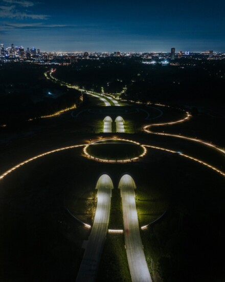 Memorial Park Kinder Land Bridge at night. Photo by Nick Hubbard