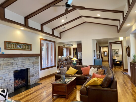 Custom-created beams along the ceiling continue the clean lines of the Hildebrand design.