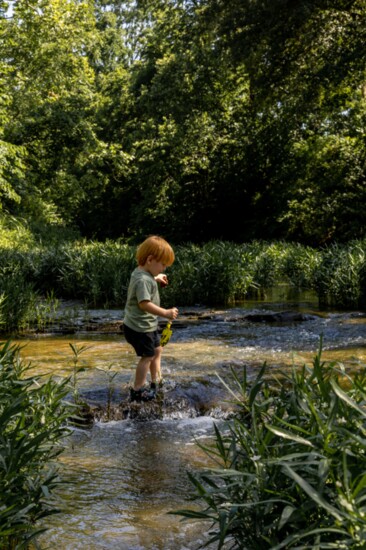 Tatum Strahm, 2, plays in Line Creek during a toddler meet-up for the North KC Forest Playgroup. 