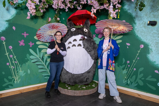 Totoro from "My Neighbor Totoro" is always available for hugs.