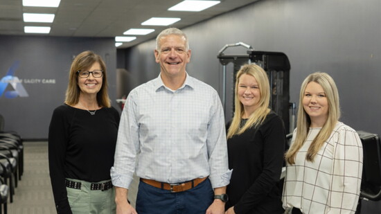 Left to right are Clinical Manager Kim Parker, PTA, CLT Clinical Manager; President Mike Tucker, PT, CSCS, Cert. DN; Office Manager Megan Roberts; and Regional