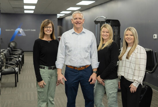 Left to right are Clinical Manager Kim Parker, PTA, CLT Clinical Manager; President Mike Tucker, PT, CSCS, Cert. DN; Office Manager Megan Roberts; and Regional 