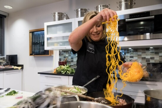 Cooking with butternut squash spirals.