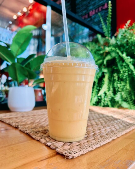 Tropical Twist Smoothie - mango, pineapple, pear, peach, coconut milk.