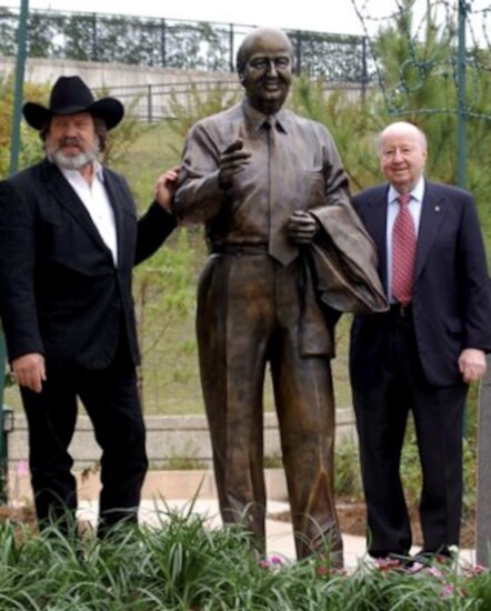 Sculptor Jay Hester with George Mitchell and his monumental sculpture