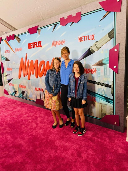 Jenna Wolfe and her children at the Nimona Netflix Premier 