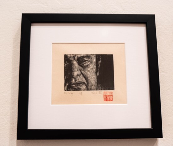 Richard Hugo, 1988 / Woodcut print on yellow rice paper