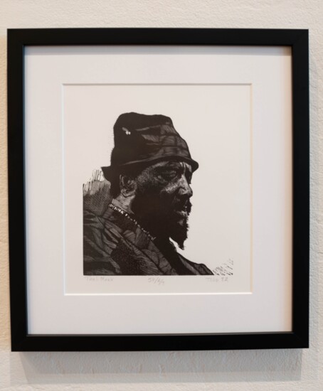 Thelonious Monk, 1982 / Woodcut print on white paper