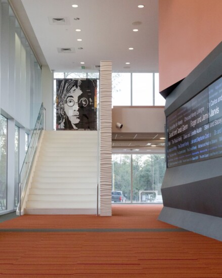 Inside the lobby of the Glenn Performing Arts Center.