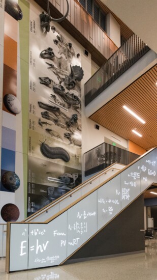 An interior stairway of The Rock Math+Science Center.