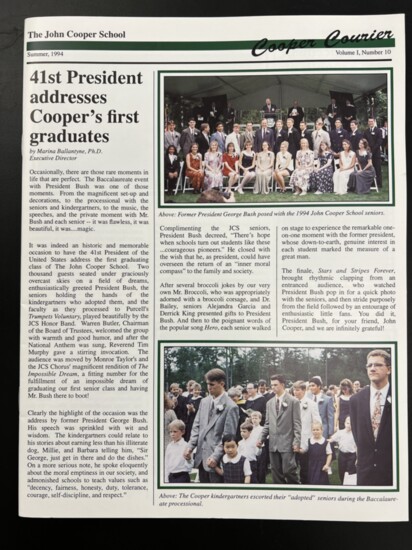 A 1994 clipping from the school newspaper memorializes a speech by then-President George W. Bush to the first graduating class.